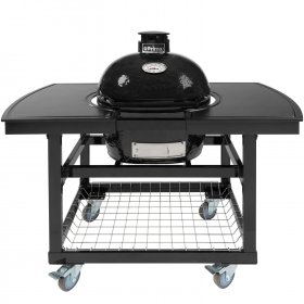 Primo Oval Junior 200 Ceramic Kamado Grill On Steel Cart With 2-Piece Island Side Shelves And Stainless Steel Grates - PGCJRH (2021) New