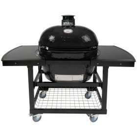 Primo Oval XL 400 Ceramic Kamado Grill On Steel Cart With 2-Piece Island Side Shelves And Stainless Steel Grates - PGCXLH (2021) New